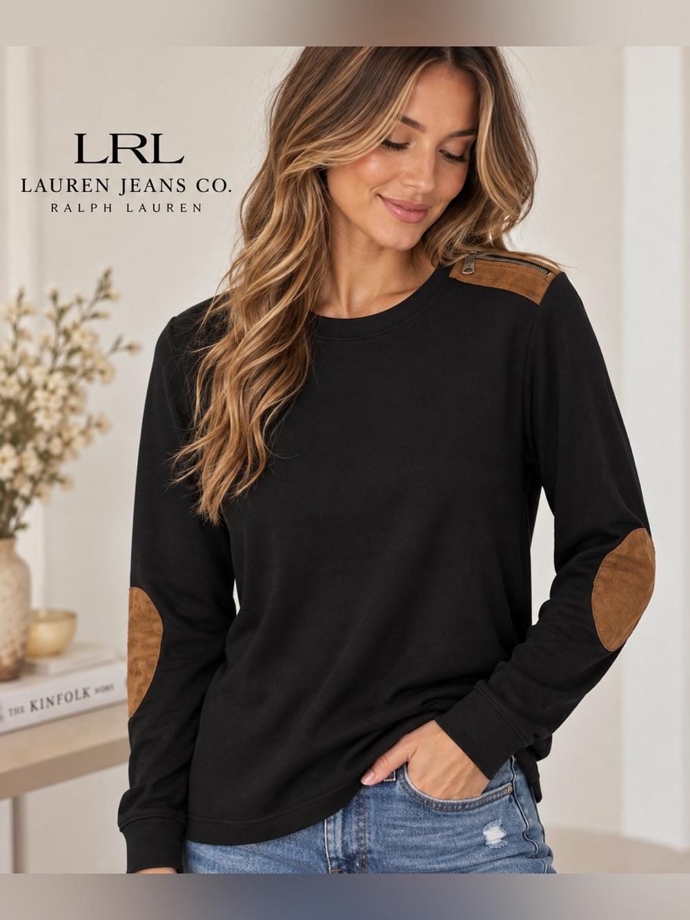 Lauren Jeans Co. Ralph Lauren Black Long Sleeve Suede Patch Top XL